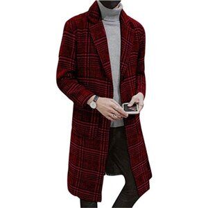 Mens Trench Plaid Mid Long Peacoat Pea Coats Wine Red